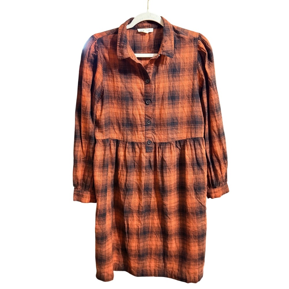 Autumn Inspired Burnt Orange Navy Plaid Button Front Empire Waist Shirt Dress M
